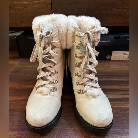 🌿SALE🌿ESPRIT Ivory Leather Lace-up Winter Heeled Combat Boots Faux Fur 9.5 - Picture 6 of 15